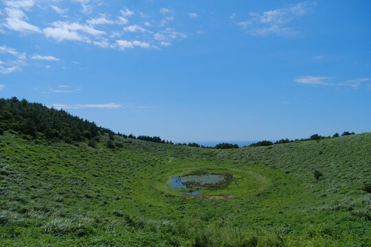 crator landscape with blue sky and clouds