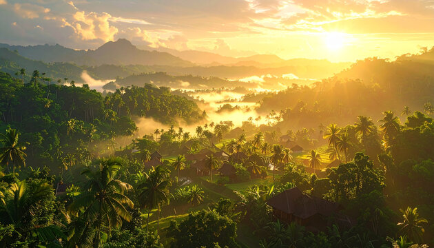 Tropical village at golden sunrise