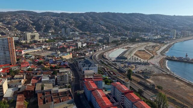 Aerial Establishing of Valparaiso city Coastline from Baron Hill Chile and Ex Simon Bolivar warehouse
