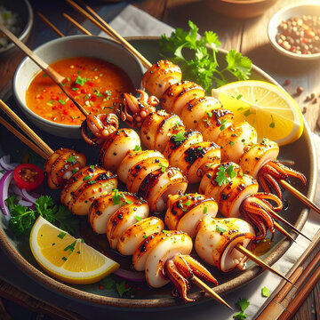 Grilled spicy calamari skewers platter