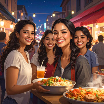 Smiling women sharing street food.