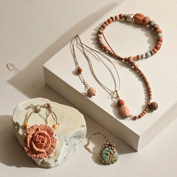 Artisanal clay jewelry collection display