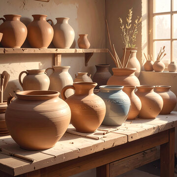 Artistic pottery collection under sunlight