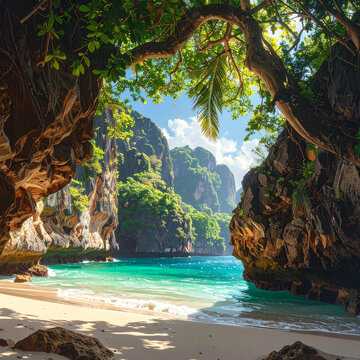 Tropical paradise seen from cave