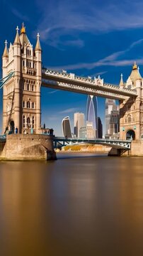 Tower Bridge in London, UK, United Kingdom. Time lapse in vertical video