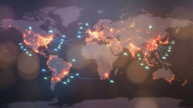 Digital world map showing global spread of hantavirus infection. Animated connections radiating from rodent icons across continents. Infectious disease outbreak and epidemiology science.