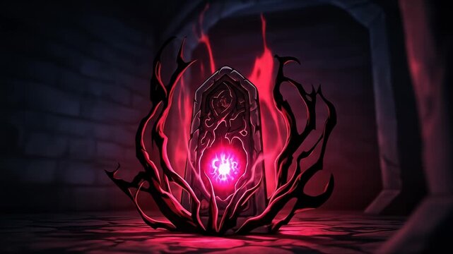Stone altar with arcane runes, surrounded by dark tendrils, emits a bright pink glow