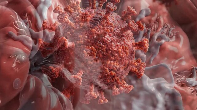 Microscopic view of red coronavirus particles floating within human tissue