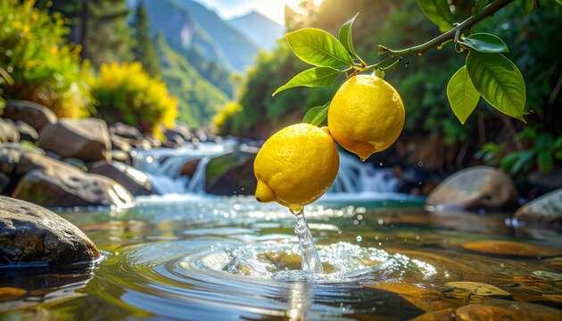 Fresh lemons over mountain stream.