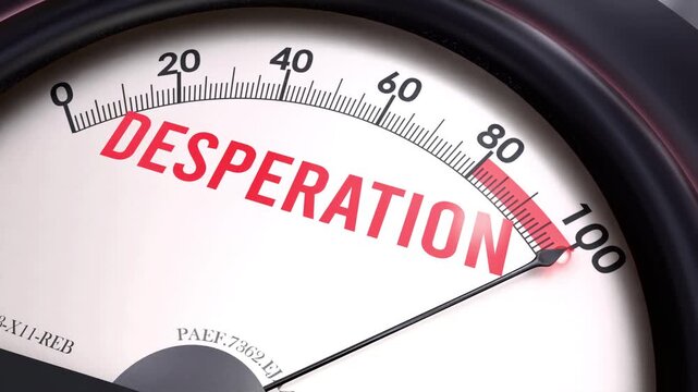 Desperation off the charts. Meter showing increasing, dangerous and high levels of desperation, potential overload. Maximum and critical desperation