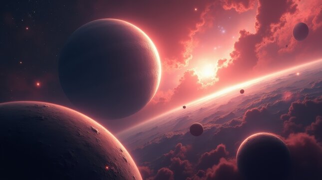 Cinematic deep space galaxy landscape, glowing red nebula with alien planets and stars, futuristic cosmic background for sci-fi concepts