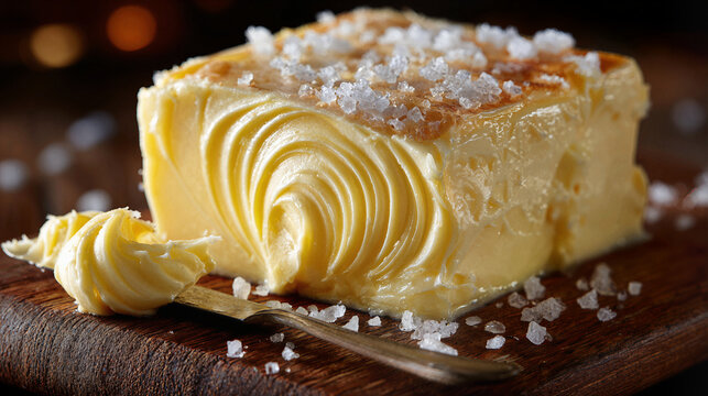 A block of homemade butter on a wooden board sprinkled with coarse sea salt