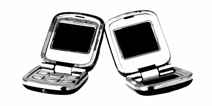 two silver flip phones open on white background