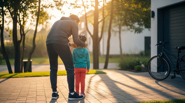 A father is tucking his daughter's hair, his back to the camera, as they stand on a sun-drenched driveway. The warm glow of sunset casts long shadows.