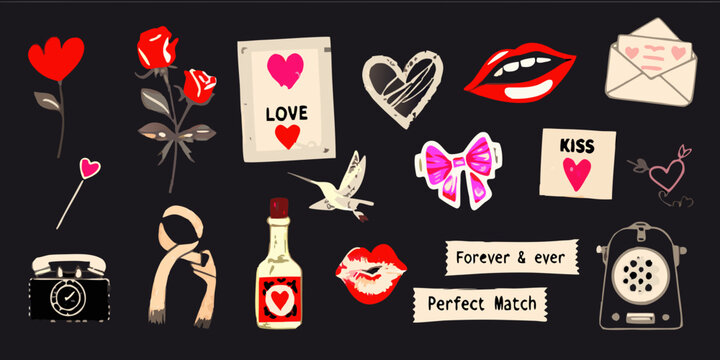 vector collage of romantic elements with hearts roses and love notes