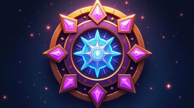 Fantasy game emblem with glowing blue star and purple crystals, mystical magic shield icon, ornate golden circular frame for RPG interface