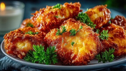 Fototapeta premium Golden Crispy Snack Bites with Fresh Green Parsley Garnish on a Plate Perfect for Appetizers and Party Platters