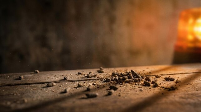 Rodent droppings on a wooden surface as a source of hantavirus infection. Concept of infectious disease hazard and pest control. Public health risk and hygiene warning in a dark environment.