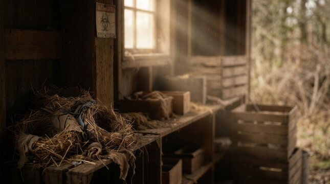 Abandoned shed with biohazard sign near straw for hantavirus infection risk. Dust and light beams in rural barn. Concept of dangerous pathogen transmission from rodent waste material.