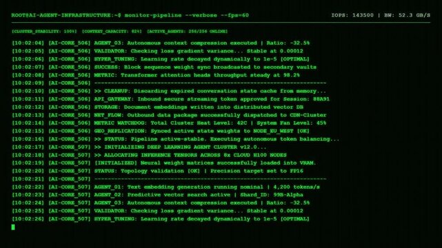 Neural Synapse Telemetry Screen Displaying Core Tensor Layer Matrix and Automated Machine Learning Backpropagation Weights Logs.