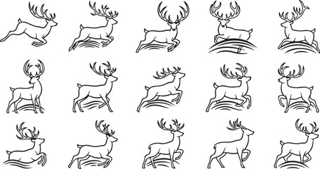 Fototapeta premium Reindeer in Various Running Positions Line Art