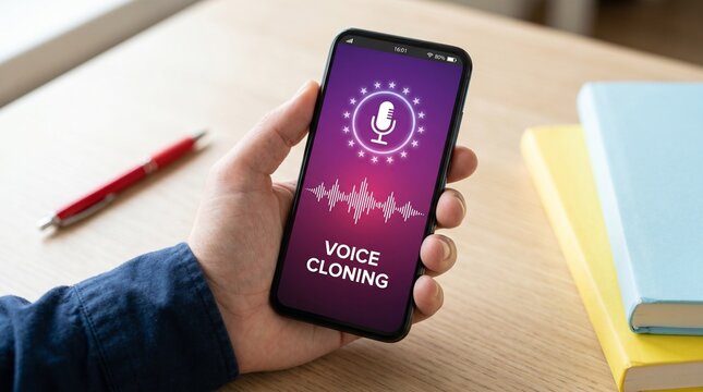 Hand holding smartphone with voice cloning app on screen
