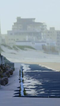 Morning light casts a soft glow on the sandy beach as waves playfully reach the shore. A tranquil path invites exploration beside rocky formations and serene dunes.