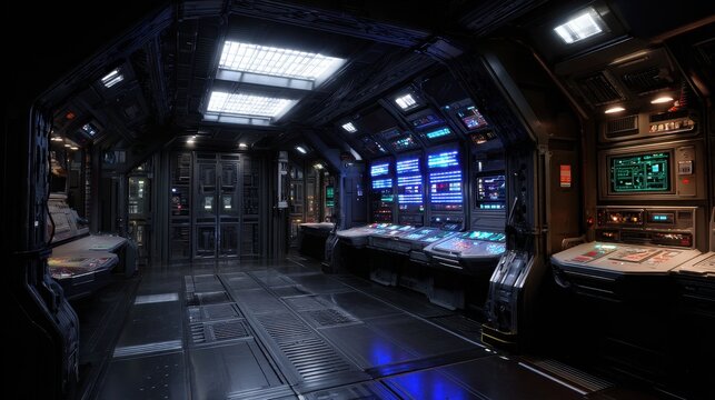 Futuristic dark spaceship interior with glowing control panels