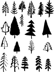 Fototapeta premium Hand drawn pine tree silhouettes icon collection