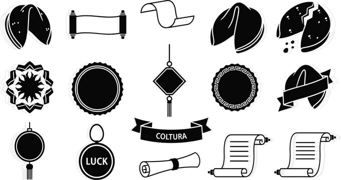 Fortune Cookie and Decorative Badge Silhouette Vector Icon Set