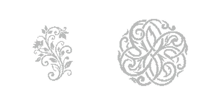 Vintage floral ornaments and circular filigree patterns, elegant grey damask scrollwork vectors, decorative botanical swirl elements for wedding stationery