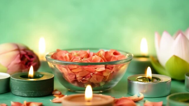 Lotus petals floating with candles in spa arrangement