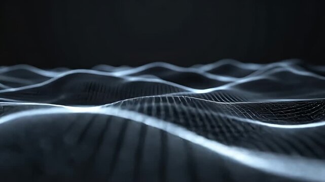 Abstract Wavy dark, gray grid landscape on a darker background, close-up view