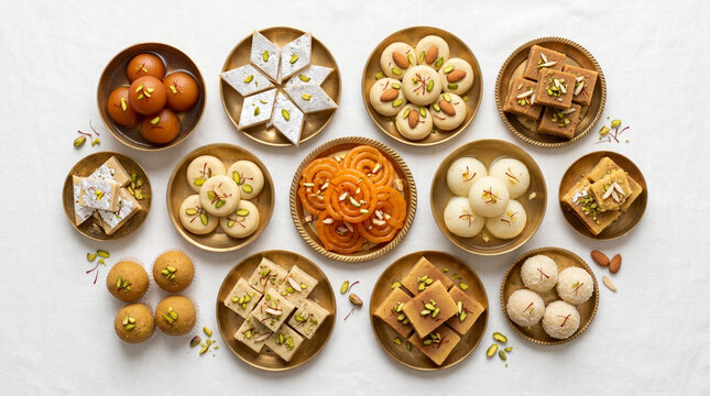 Traditional Indian sweets mithai assortment including gulab jamun and kaju katli on white fabric