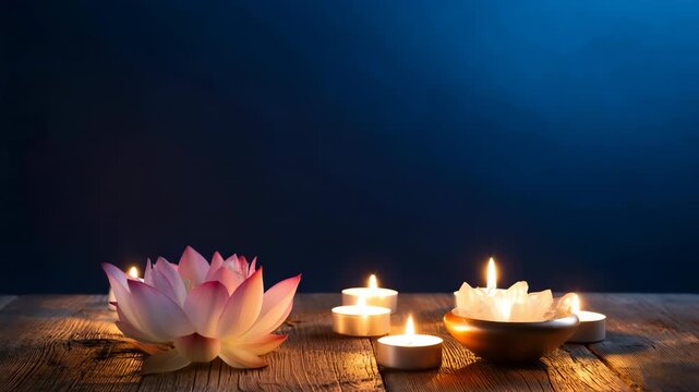 Lotus flowers and tealight candles arranged on wooden table