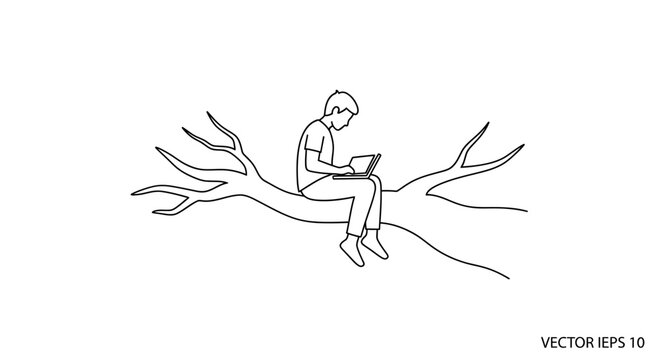 Person sitting on tree branch using laptop, remote work concept, nature workspace, minimalist line art