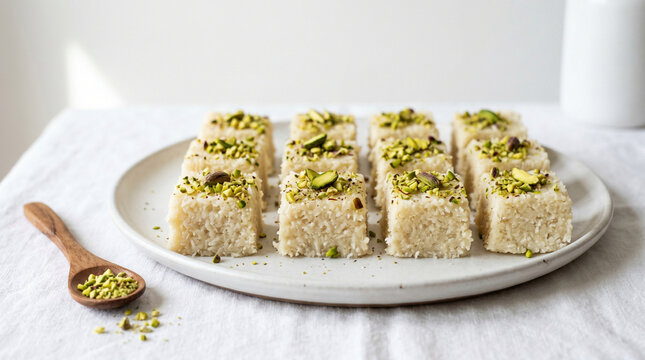 Traditional Indian coconut barfi squares topped with crushed pistachios on a white ceramic plate