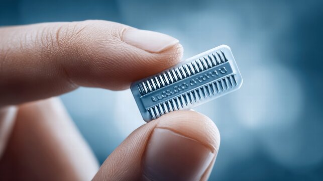Close-up of a microchip held between fingers against a blurred background.