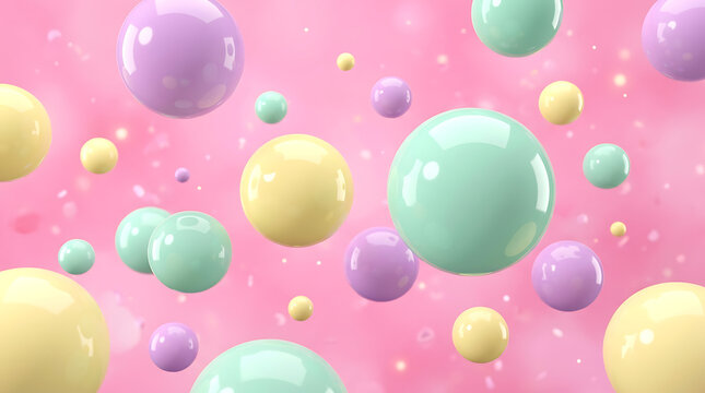 Pastel 3D spheres floating on pink background, glossy colorful bubbles in abstract space, playful candy colored balls for festive design