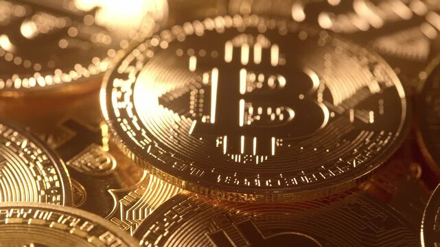 Slow horizontal camera movement across a group of Bitcoin coins. Shallow depth of field and warm highlights create a premium, cinematic feel, perfect for wealth, accumulation and crypto investment 