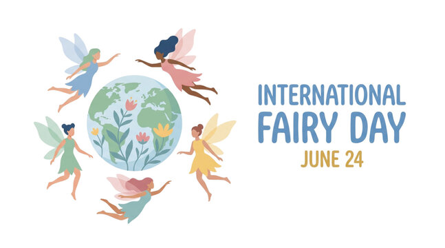 International Fairy Day vector illustration with colorful flying fairy silhouettes surrounding floral earth globe in whimsical fantasy style isolated on transparent background