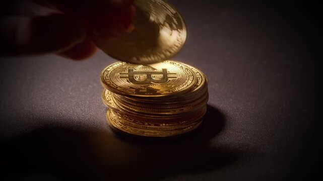 Close-up of a hand taking and putting back Bitcoin coins. Suggests trading behavior, hesitation, decision making and market interaction. Natural movement with realistic texture.