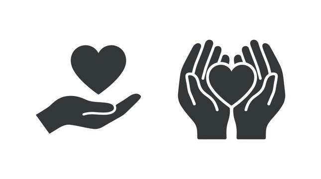 Two distinct icons showcasing a human hand holding a heart shape and a pair of cupped hands cradling a heart symbol presented in a clean and minimalist style on white background