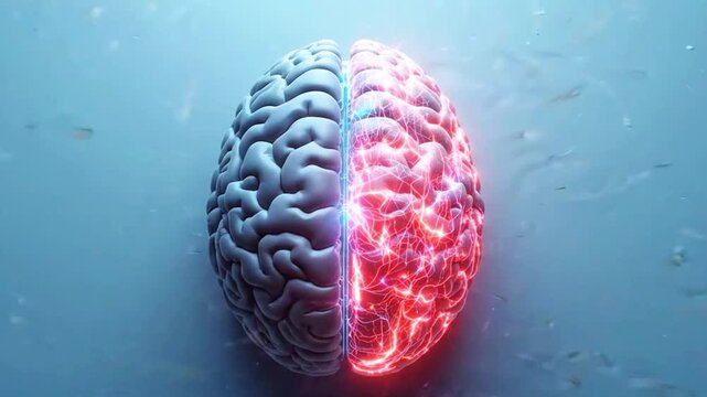 A video showcasing a human brain with a glowing red and blue side