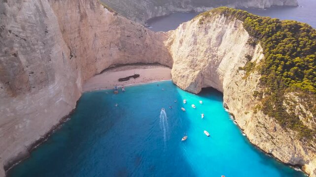 Aerial view of Navagio shipwreck beach on Zakynthos island in Greece during sunny summer day.