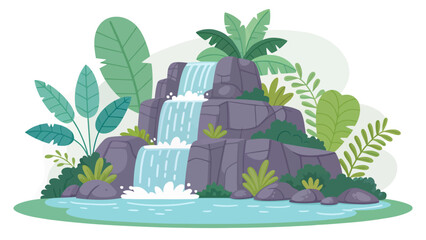 Obraz premium Tropical cartoon waterfall cascades down layered purple rocks surrounded by lush greenery and plants in a serene natural setting