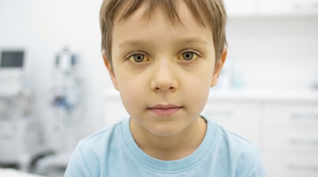 Young boy showing jaundice symptoms in a medical clinic