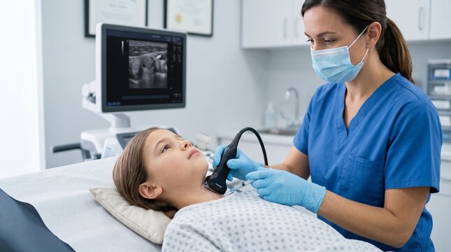 Doctor performing ultrasound guided thyroid biopsy on a young girl