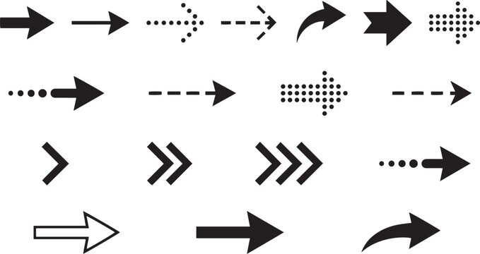Black arrow icon set featuring variety of dashed dotted curved bold line and chevron pointers isolated on white vector background illustration
