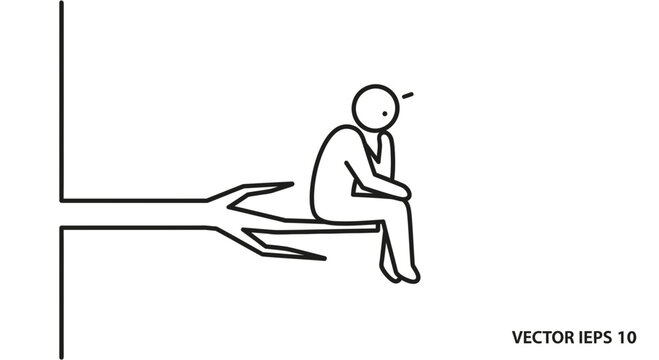 Man sitting on a tree branch, deep in thought, contemplating a problem or decision.